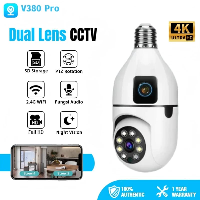 【CCTV Bohlam 4MP】Kamera WiFi V380 Pro Lensa Ganda Jarak Jauh | Alarm Otomatis & Deteksi Gerak | Night Vision IR