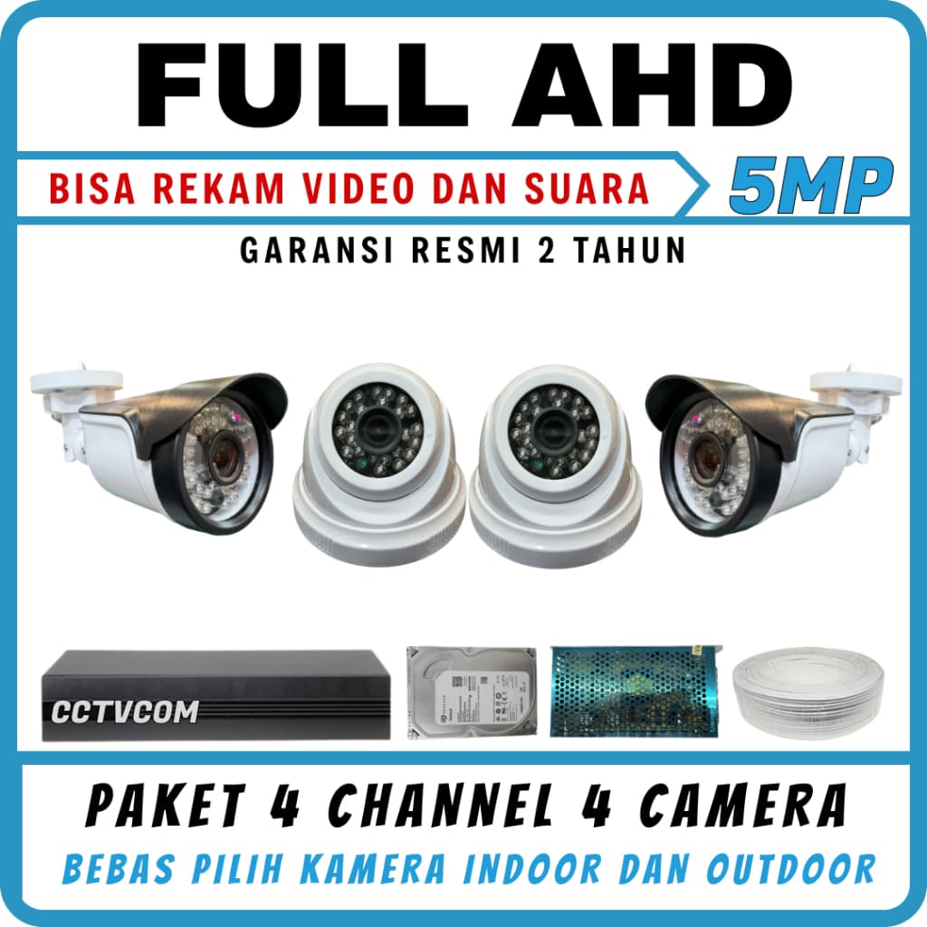 PAKET CCTV FULL AHD 5MP 4 CHANNEL 4 KAMERA IR SONY 1080P AUDIO CAMERA CCTV KOMPLIT TINGGAL PASANG