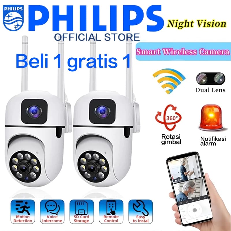 [Beli 1 gratis 1] PHILIPS CCTV Kamera indoor Outdoor Pro FHD Wifi Smart IP Camera 360° Full View Mobile Tracking Night Vision Two-Way Voice Human Tracking