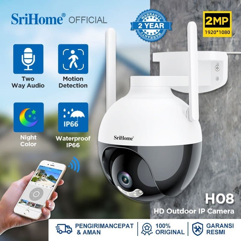 SriHome H08 CCTV Outdoor Wifi 2MP FHD IP66 Waterproof 360 PTZ Garansi 2 Tahun